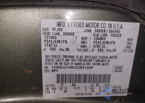 2003 Ford Explorer Eddie Bauer from USA, damaged, VIN 1FMDU74W43ZB51609